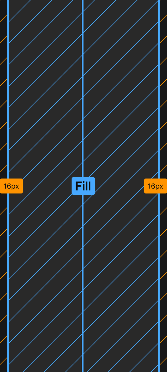 Diagram of a mobile layout with two blue content columns spanning the full width, and narrow yellow margins of 16px on both sides.