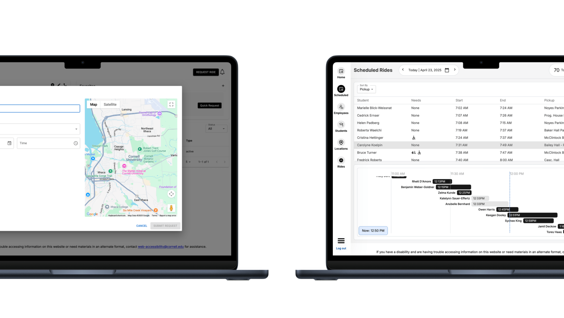 2 laptops showing the map and scheduled rides page of the Carriage application