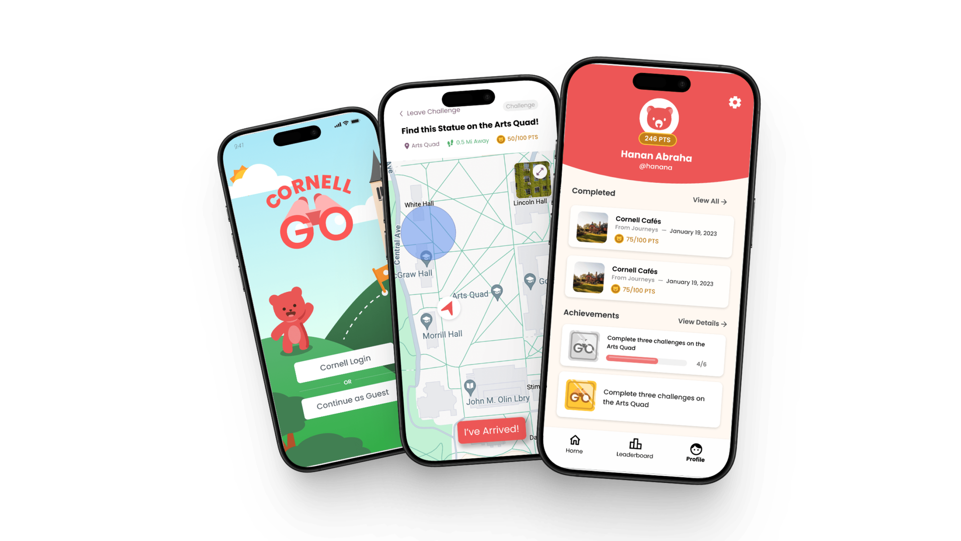 3 phones side by side, displaying the login, map, and profile screens of the CornellGO Application