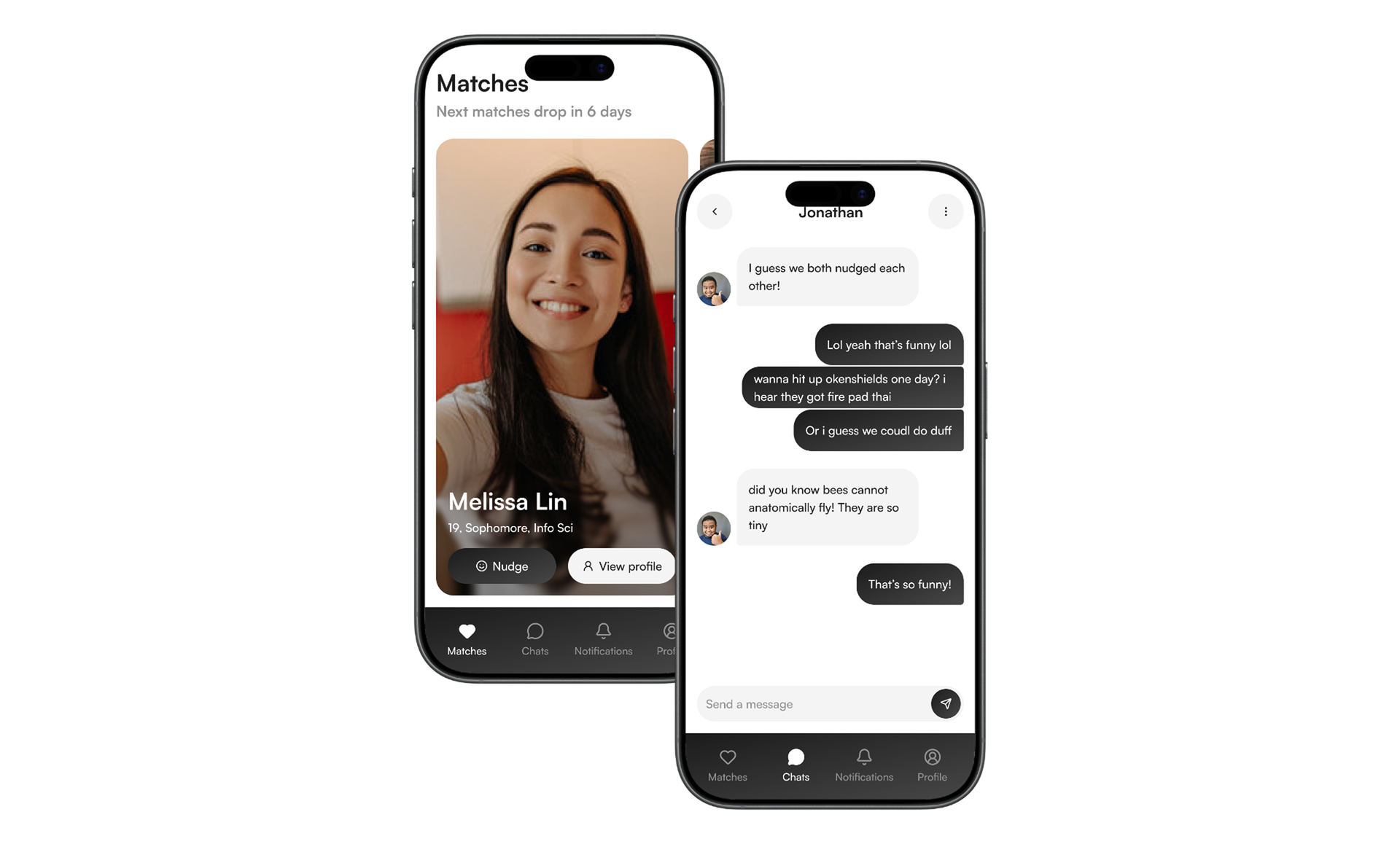 2 phones showing the a profile match card and an ongoing chat between two Cornellians